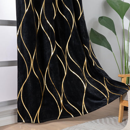 L.Z.E Black Gold Blackout Curtains for Bedroom, Heavy Duty Velvet Curtains 120 Inches Long 2 Panels Set, 80% Room Darkening Curtains for Living Room, Extra Long & Thick Drapes with Gold Pattern