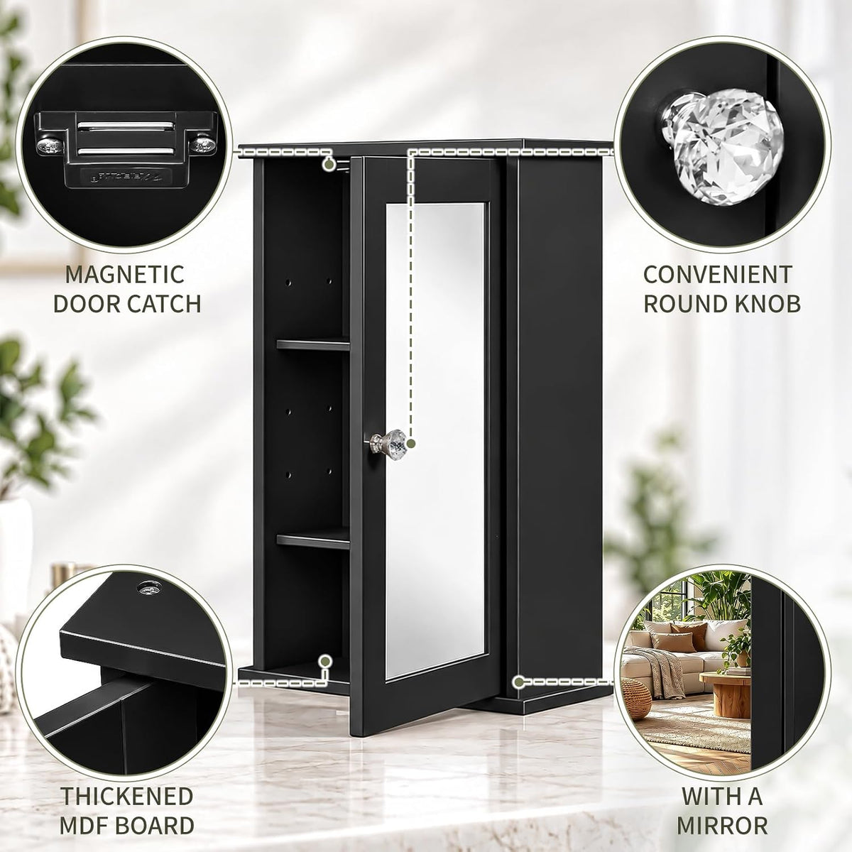 Karl home Black Wall Mounted Medicine Cabinet, Single Mirror Bath Storage