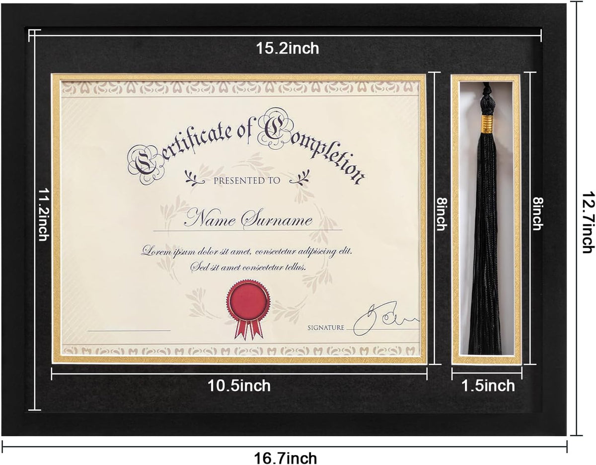 eletecpro 12x16 Diploma Frame with Tassel Holder for 8.5x11 Degree, Black | Real Glass, Black & Gold Mats, Tassel Displayer, Classic Certificates Display, Ready to Hang, Easy to Use