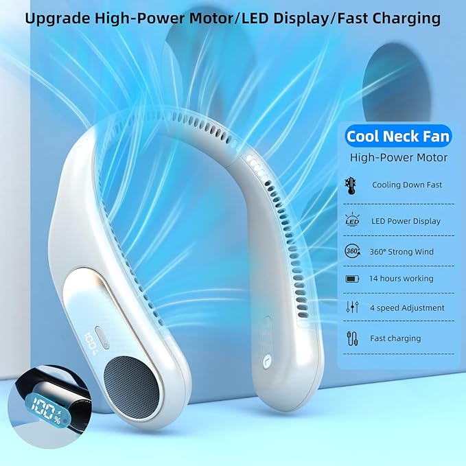 Portable Neck Fan, Personal Wearable Bladeless Fan, LED Display, 6000mAh USB - Image 3