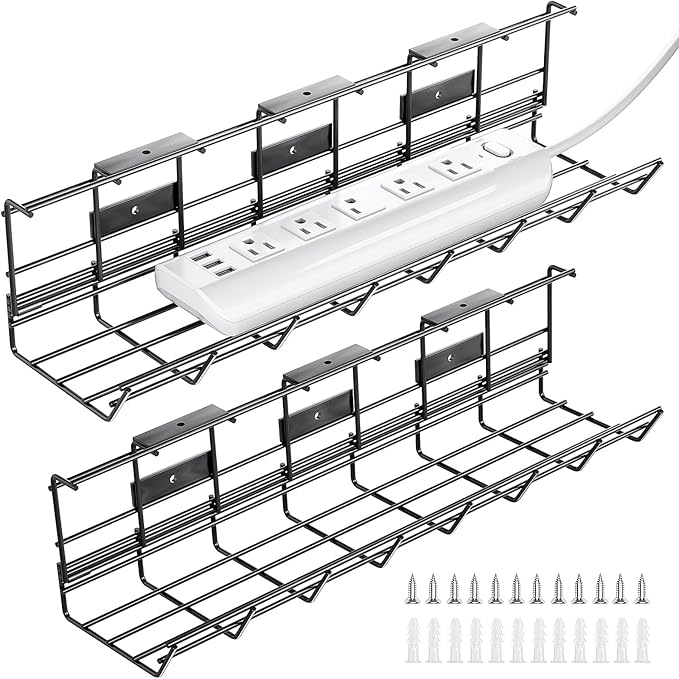 2 Pack DELAMU Under Desk Cable Management Tray, Metal Cord Cable Organizer by DELAMU