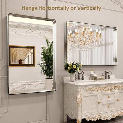 LOAAO 55X36 Inch Brushed Nickel Bathroom Mirror, Rounded Rectangle Silver Metal - Image 4