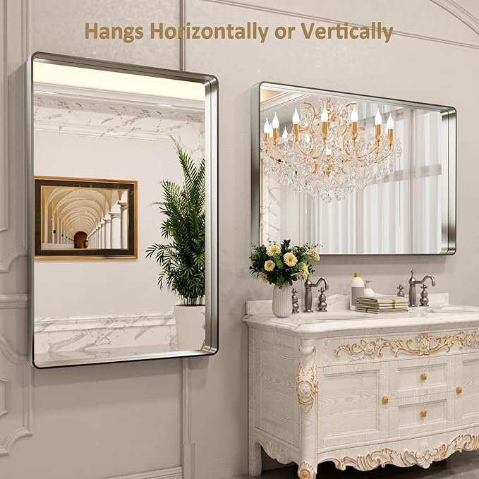LOAAO 50X30 Inch Brushed Nickel Bathroom Mirror, Rounded Rectangle Silver Metal - Image 4