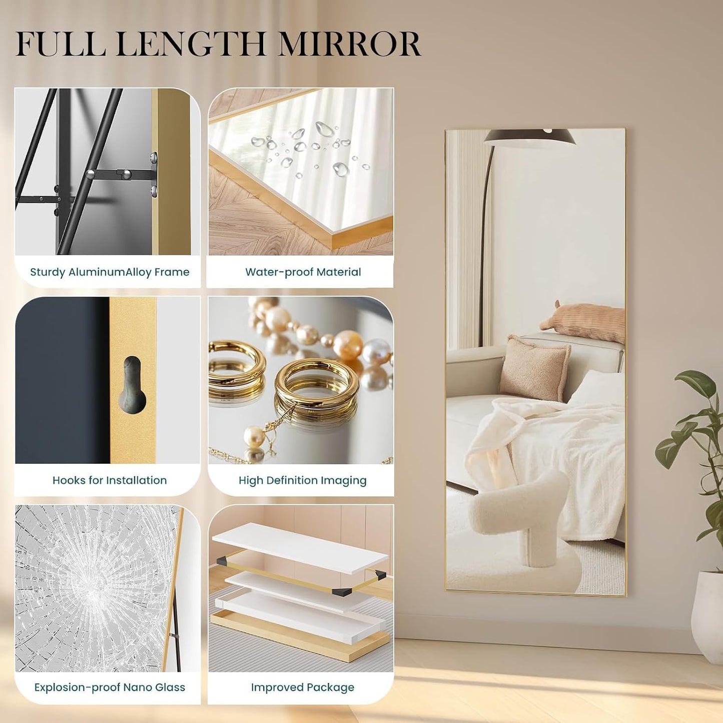 NEWBULIG 64"x21" Full Length Mirror, Full Body Floor Mirror, Gold-Rect | Aluminum Alloy Thin Frame, Wall or Standing Mirrors for Bedroom, Living Room, Dressing Room