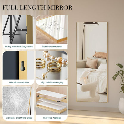 NEWBULIG 64"x21" Full Length Mirror, Full Body Floor Mirror, Gold-Rect | Aluminum Alloy Thin Frame, Wall or Standing Mirrors for Bedroom, Living Room, Dressing Room