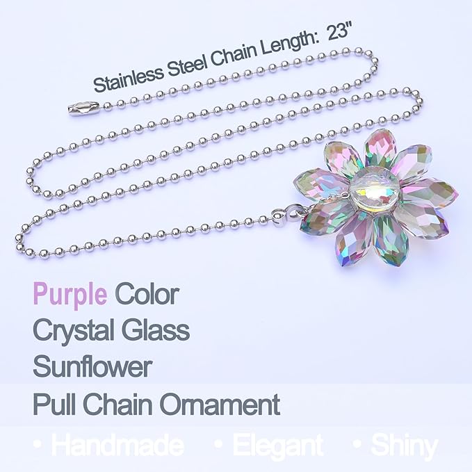 LEFERS Ceiling Fan Pull Chain, 2 Pieces 1.8" Crystal Glass Flower Pendants - Image 2