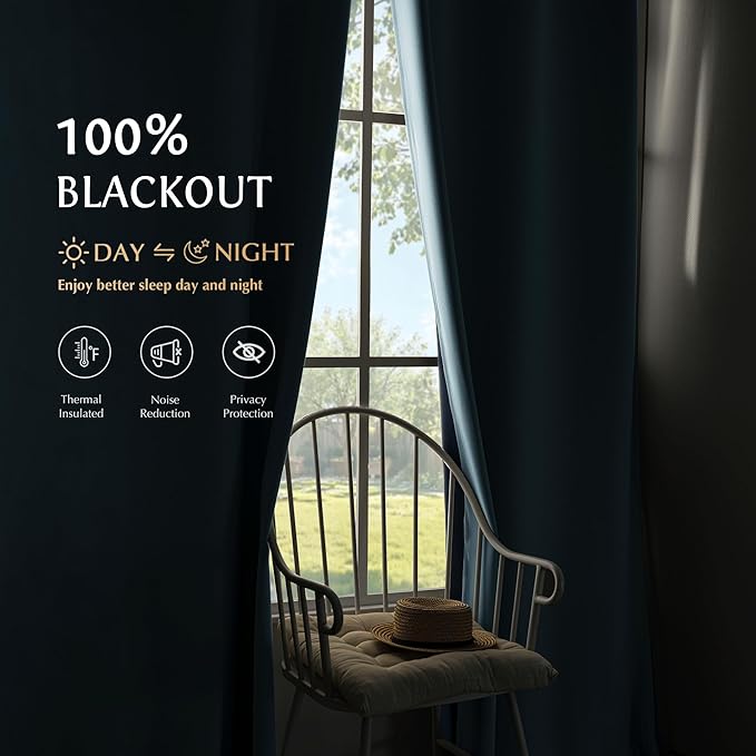 Beauoop Dusty Blue 100% Blackout Curtains 63 Inch Long 2 Panels - Image 2