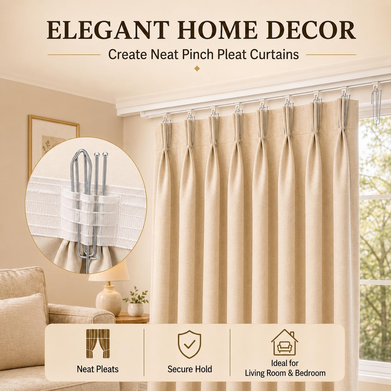 90PCS Stainless Steel Curtain Pleat Hooks,Drapery Hook and Pin for Pleated Drapes 4 Prongs Pinch Pleat Hook Clips,Traverse Pleater 4 End Curtain Hangers for Window Door Bathroom Curtain