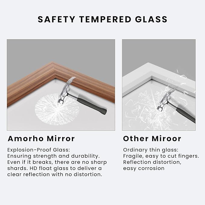 Amorho Bathroom Mirror, 40x36 Inch Wall Mirror, Walnut Wood Grain Metal Framed - Image 3