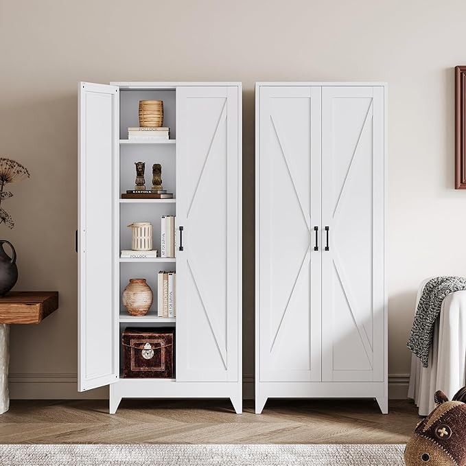 White Tall Farmhouse Metal Pantry Linen Storage Cabinet and Organizers by Fesbos