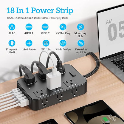 Solidock Flat Plug Power Strip Surge Protector 5 Ft Extension Cord - Image 2