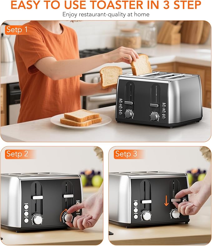 Cowsar Toaster 4 Slice Retro Stainless Steel, Compact 4 Slice Toaster - Image 5