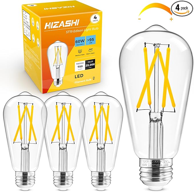 Hizashi LED Edison Bulbs, Equivalent 60W, Dimmable E26 LED Bulb, 3000K Soft by HIZASHI