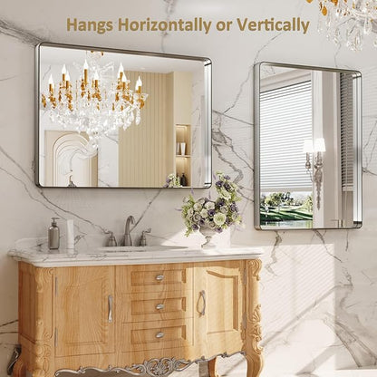 LOAAO 40X30 Inch Brushed Nickel Bathroom Mirror, Rounded Rectangle Silver Metal - Image 4