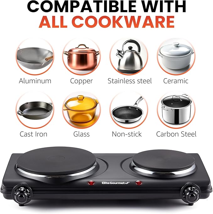 Elite Gourmet EDB-302BF# Countertop Double Cast Iron Burner, 1500 Watts - Image 6