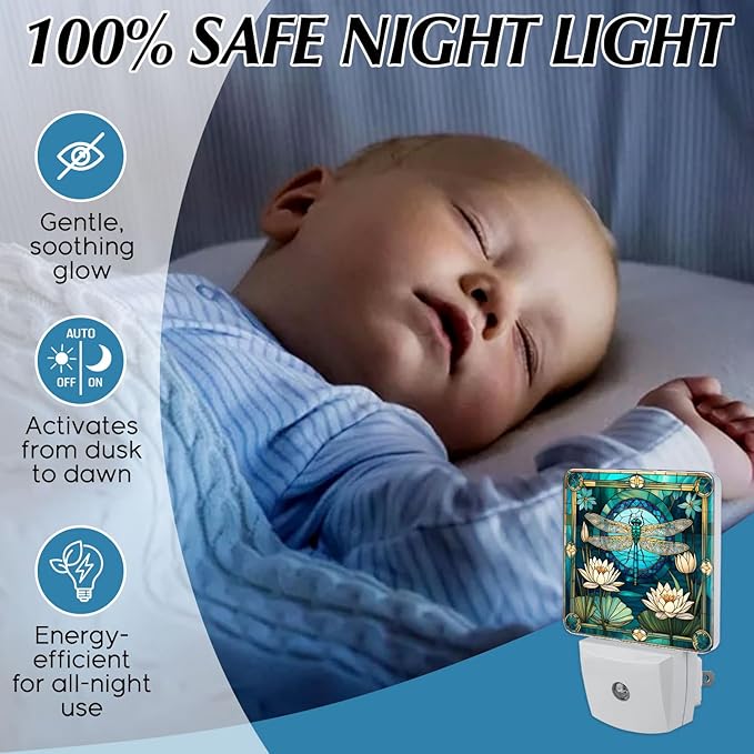 PODMemory Dragonfly & Flowers Stained Glass Night Lights Plug into Wall - Image 5