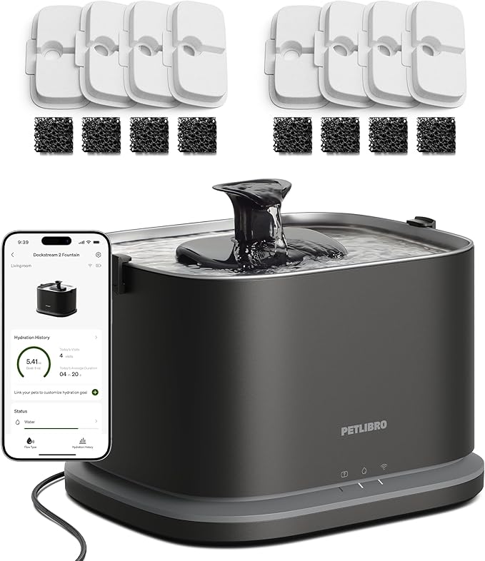 PETLIBRO Upgrade Cat Water Fountain + 8 Packs Filters, Dockstream 2 Smart App by PETLIBRO