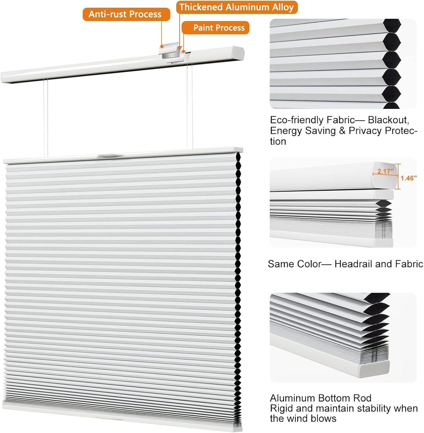 Persilux Custom Size Top Down Bottom Up Blackout Cellular Cordless Shades, Honeycomb Window Blinds for Windows, Window Shades for Home, Thermal Insulated Door Blinds & Shades White