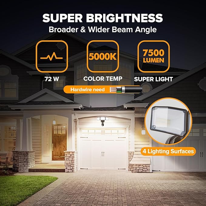 LUTEC 2 Pack 72W 7500LM LED Security Lights Motion Sensor Light Outdoor - Image 2