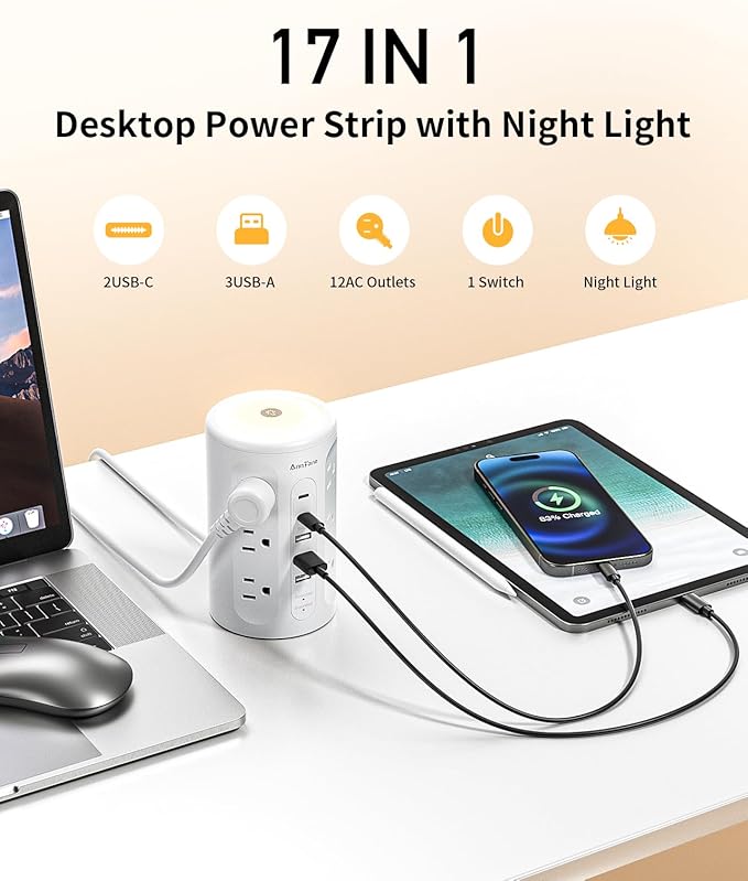 AnnTane Power Strip Tower with Night Light, 15W Surge Protector Power Strip - Image 2