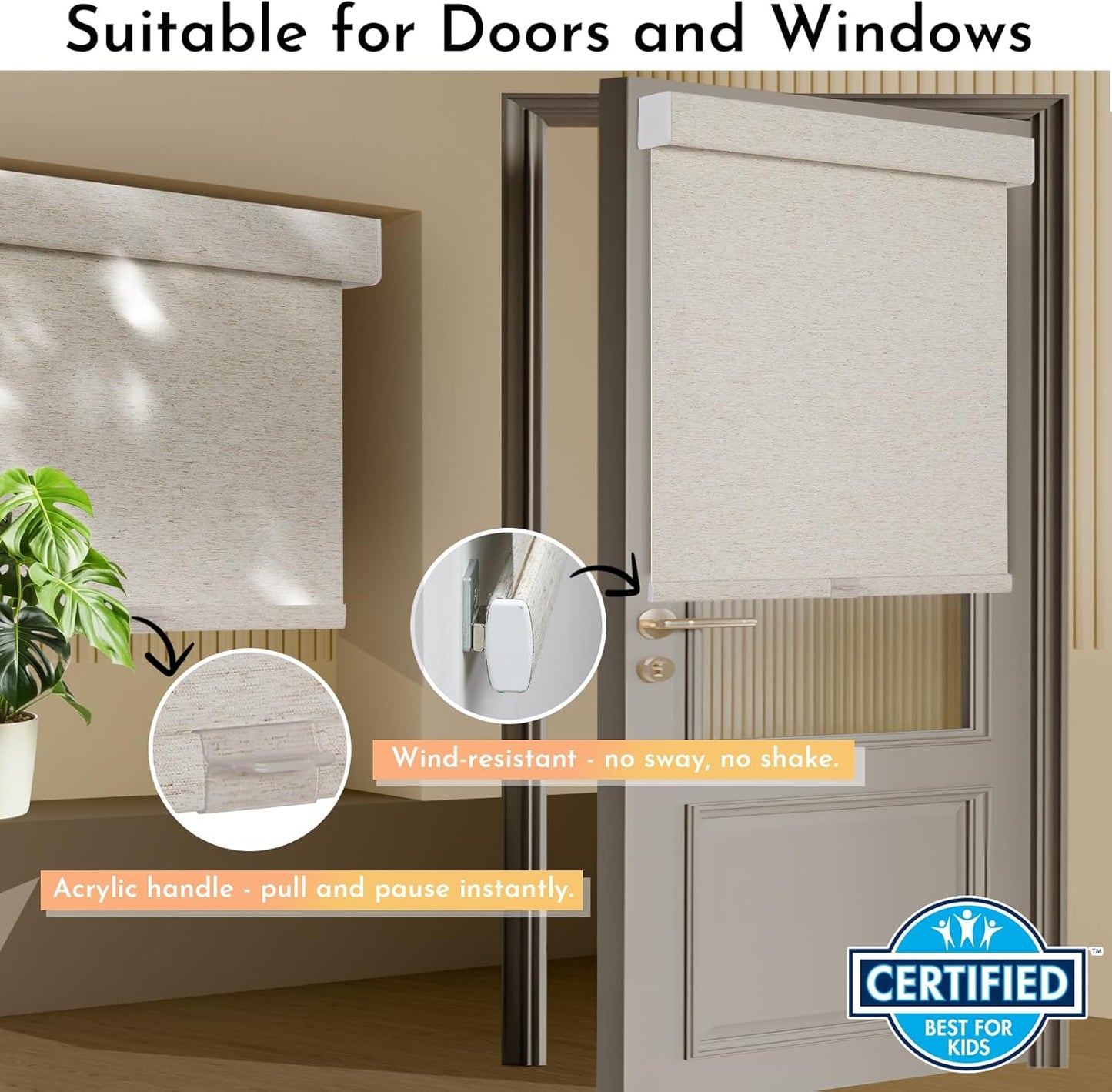 Persilux Blackout Roller Shades for Window Blinds,Cordless,Linen Fabric,Thermal Insulated Fabric UV Protection Shades for Home,Office,Bedroom,Door,Blackout-Cream,34 1/2" W X 64" H