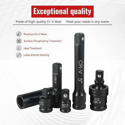 25-Piece 1/2" Drive Socket Set, Deep Sockets, Extension Bars, 1/2" F to 3/8" M - Image 5