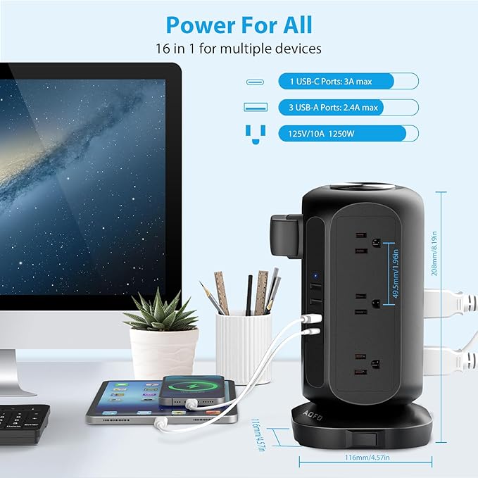 AOFO Long Extension Cord 15 ft Power Strip Tower, Surge Protector 12 AC Outlets - Image 4