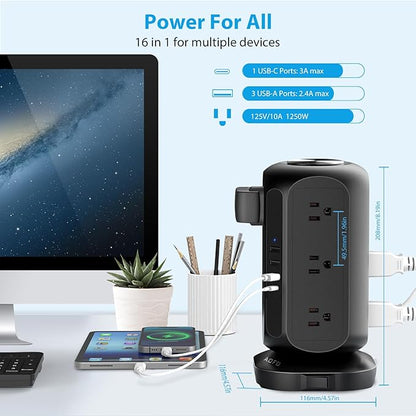 AOFO Long Extension Cord 15 ft Power Strip Tower, Surge Protector 12 AC Outlets - Image 4