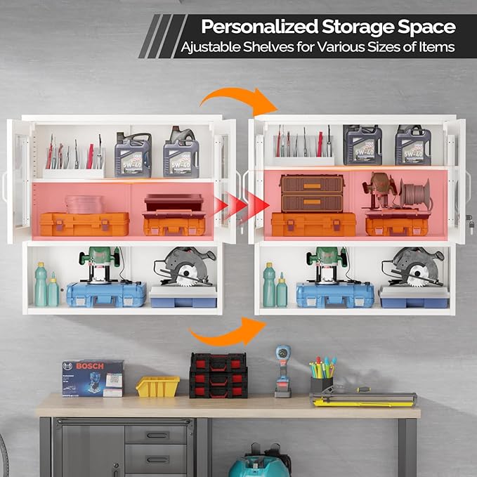 VINGLI Metal Wall Cabinet with Locking Glass Doors & Magnetic LED Sensor Light - Image 5