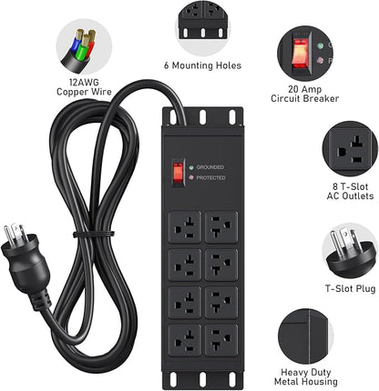 JUNNUJ Heavy Duty 20 Amp Surge Protector 4800J, Garage Metal 8 Outlets 12 Gauge - Image 2