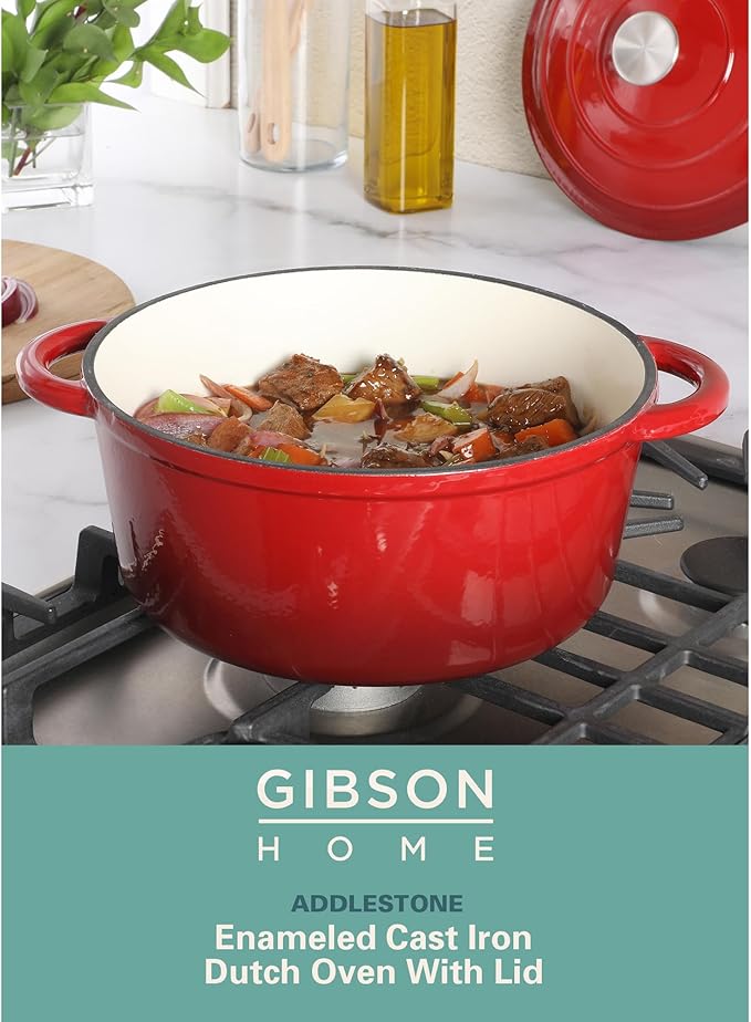 Gibson Home Addlestone 5-Quart Red Enamel Cast Iron Dutch Oven - Image 2