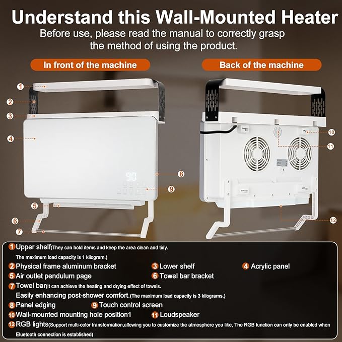 Wall Mounted Heater 1800W with Storage Rack, Smart Energy-Efficient Electric - Image 6