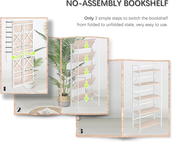 4NM 5 Tiers No Assembly Book Shelves, 51.2" H Folding Bookshelf Bookcase Open - Image 6