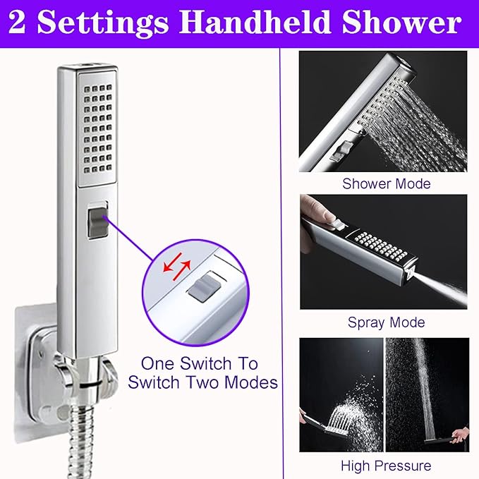 8"High Pressure Square Rain Shower Head and 2-in-1 Hand Shower.Equipped - Image 3