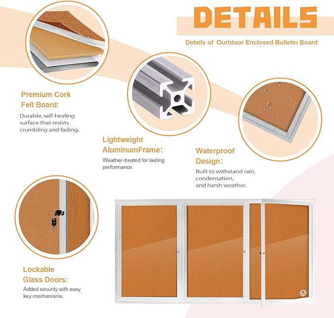 Lockable Outdoor Enclosed Bulletin Board, Weatherproof Cork Noticeboard - Image 3