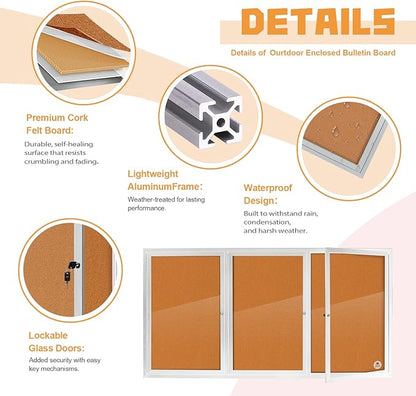 Lockable Outdoor Enclosed Bulletin Board, Weatherproof Cork Noticeboard - Image 3