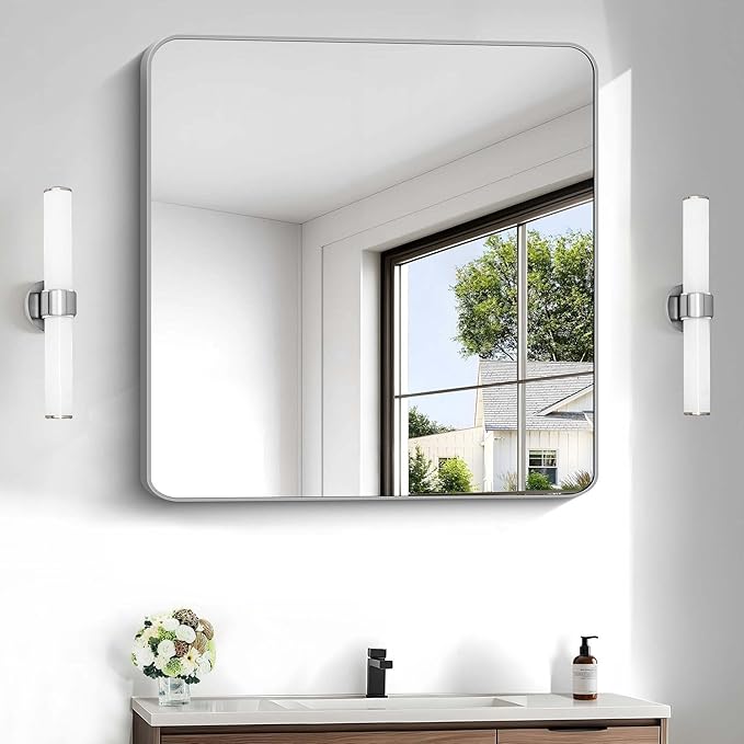 Silver Bathroom Mirror, 30 x 30 Inch Silver Square Mirror, Metal Framed by WelcometoCIVENO