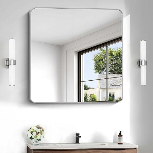 Silver Bathroom Mirror, 30 x 30 Inch Silver Square Mirror, Metal Framed by WelcometoCIVENO