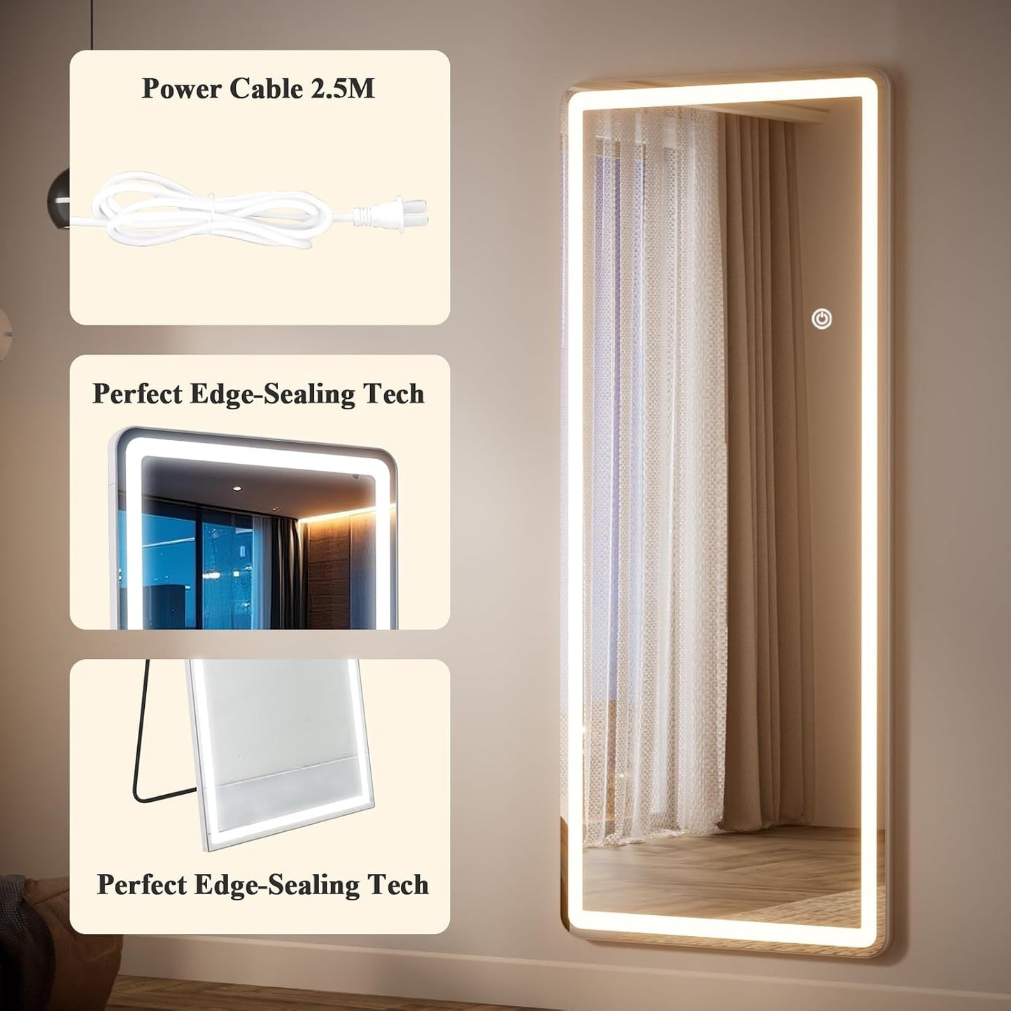 71"x26" Dimmable 3-Color Large LED Full Length Floor Body Mirror | Stepless Brightness Adjustment, Memory Function, Rounded Corner, Standing Wall Mounted for Bedroom, Living Dressing Room