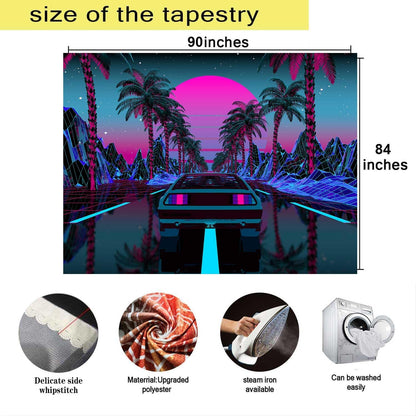Ine Ive Urban Street Scene Tapestry Cars Palm Trees Sunset Starry Sky Wall Decoration Psychedelic Colorful Punk Tapestry for Living Room Bedroom Decor (#1, 90 * 84)