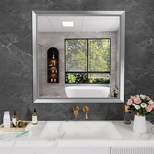 Amorho 36x36 Inch Bathroom Mirror Silver, Thick Metal Framed Wall Mirrors by Amorho