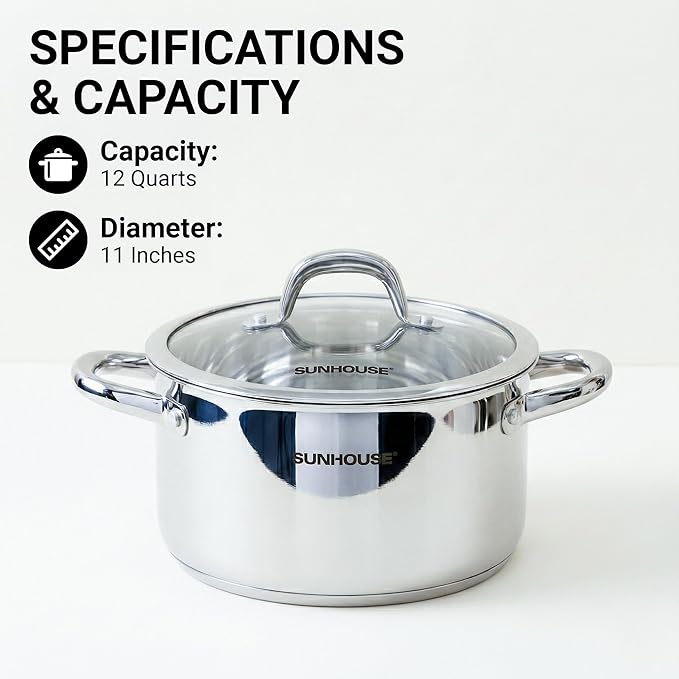 Sunhouse Professional 12-Quart Whole-Clad Multi-Ply Stainless Steel Stock Pot - Image 2