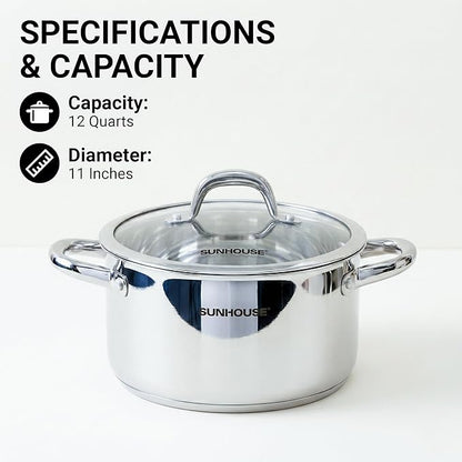 Sunhouse Professional 12-Quart Whole-Clad Multi-Ply Stainless Steel Stock Pot - Image 2