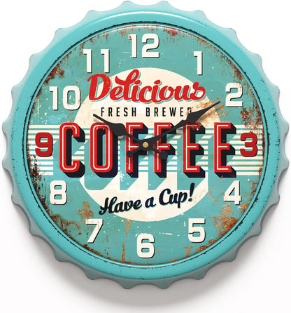 Menterry Bottle Cap Design Iron Retro Wall Clock,13" Blue Vintage Style | Silent Non-Ticking Battery Operated Creative Antique Decor Wall Clocks for Cafes,Farmhouse,Office,Kitchen