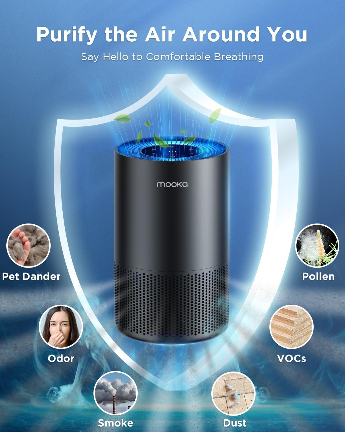 mooka h13 hepa air purifier for home pet shown in use