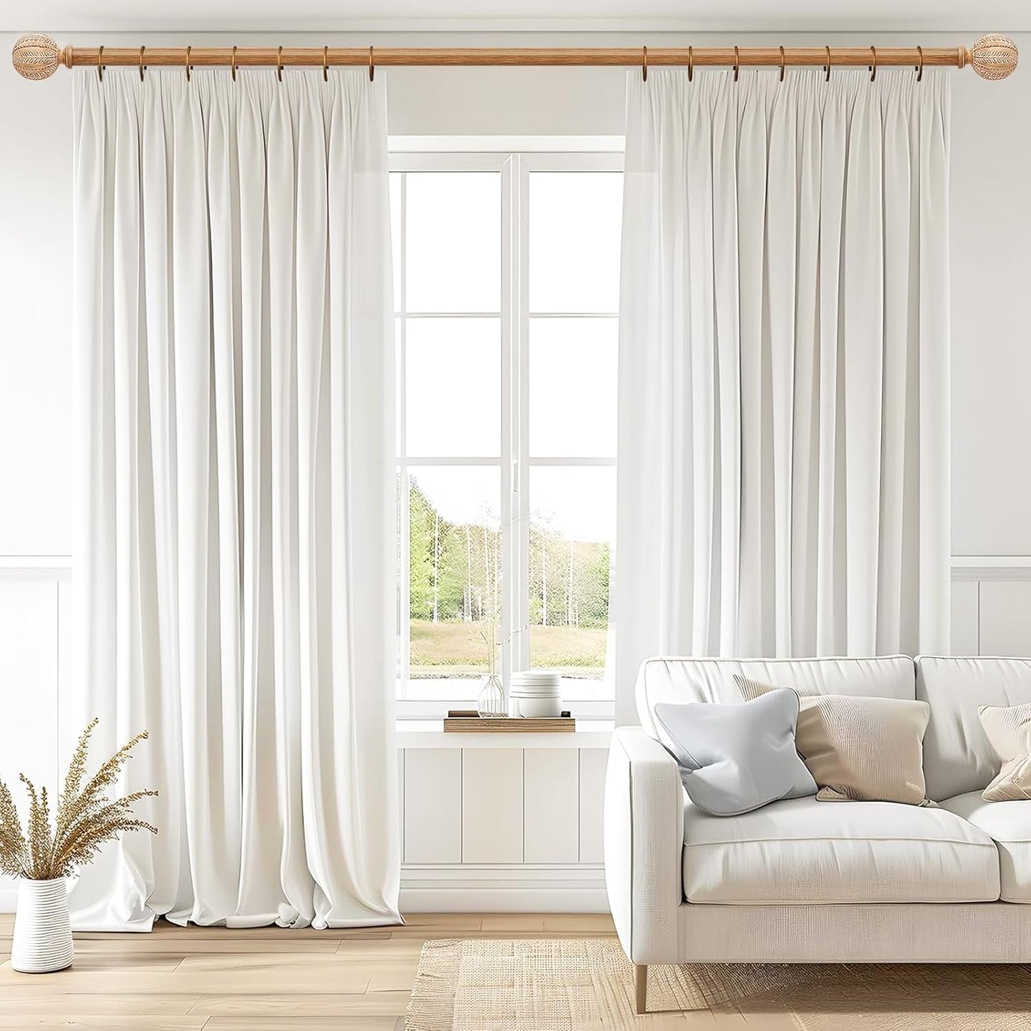 2 Pack Wood Curtain Rod for Windows 48 to 84 Inch, 1'' Diameter Adjustable Heavy Duty Rustic Farmhouse Drapery Rods with Boho Imitation Wooden Grain Decorative Finials, Size: 30''-88'' – Light Wood