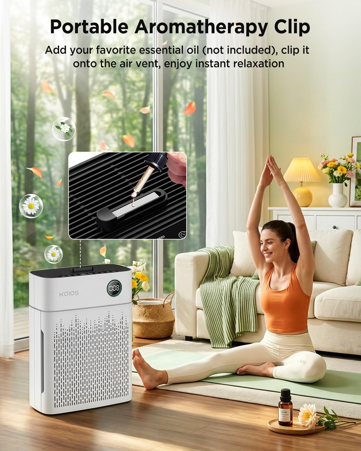 koios h13 true hepa air purifier for home, front angle view