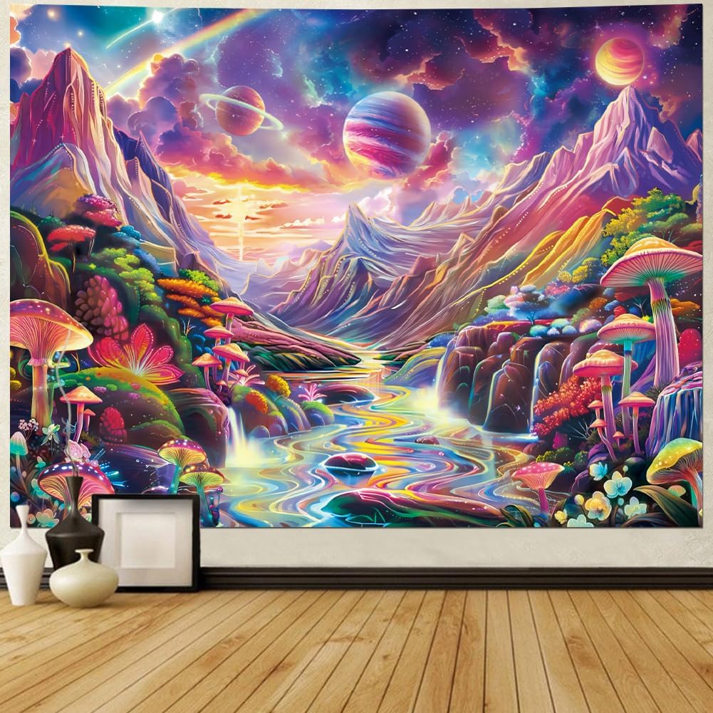 Lahasbja Blacklight Galaxy Planet Tapestry UV Reactive Mushroom Wall Hanging Fantasy Starry Stars Mountain Landscape Blacklight Poster Rainbow River Scenery Background for Bedroom