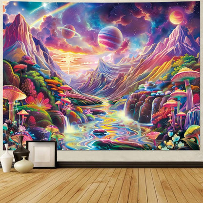 Lahasbja Blacklight Galaxy Planet Tapestry UV Reactive Mushroom Wall Hanging Fantasy Starry Stars Mountain Landscape Blacklight Poster Rainbow River Scenery Background for Bedroom