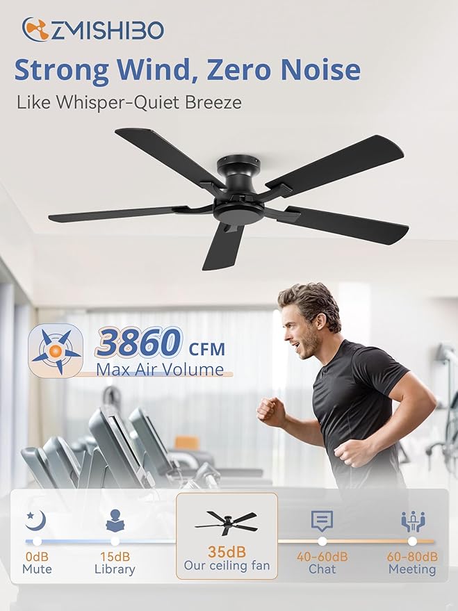 ZMISHIBO 52 Inch Ceiling Fan No Light, Flush Mount Low Profile, Modern Black - Image 3